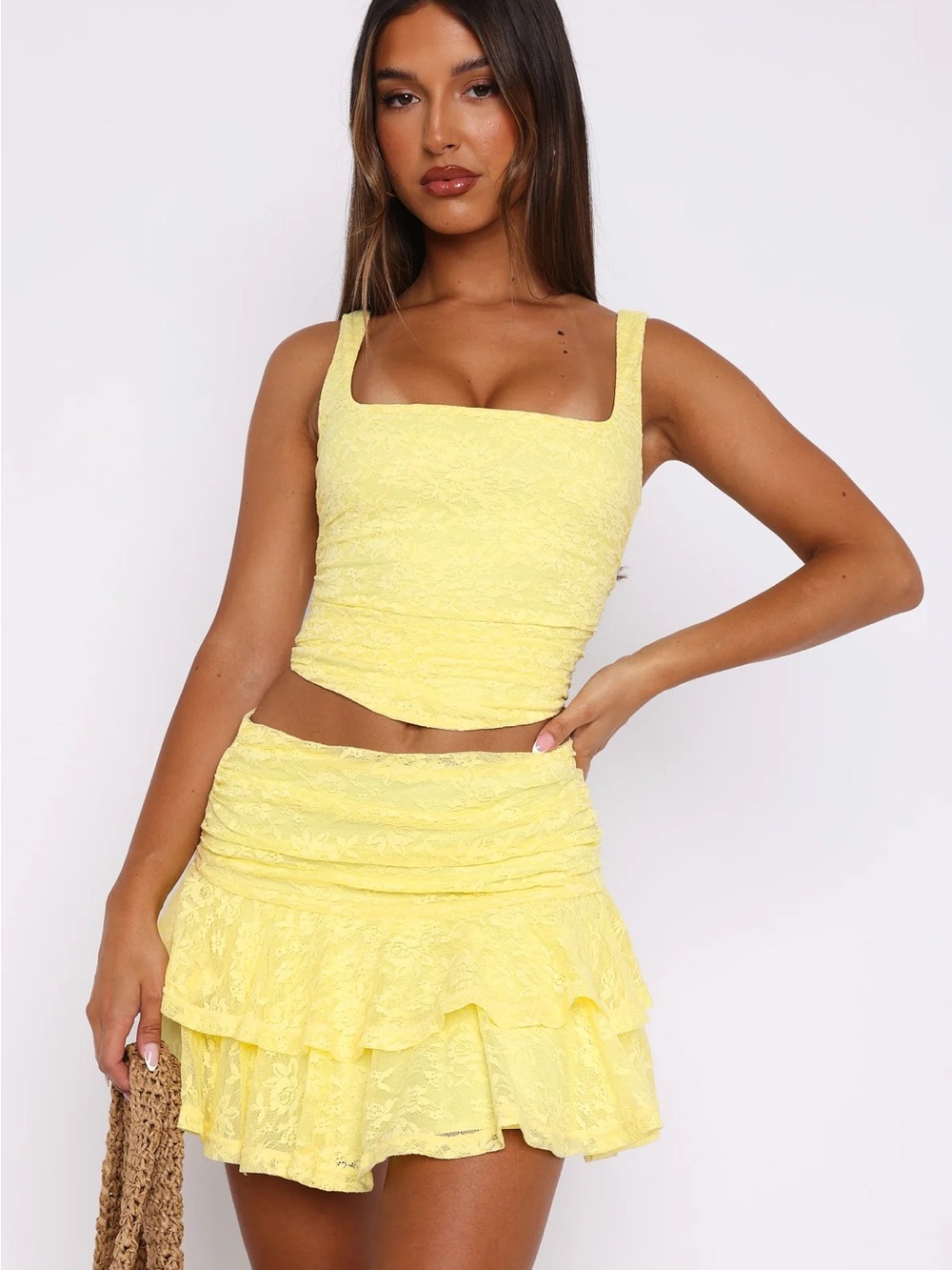 Whitefox Yellow Lace Two-Piece Crop Top & Ruffle Mini Skirt Set